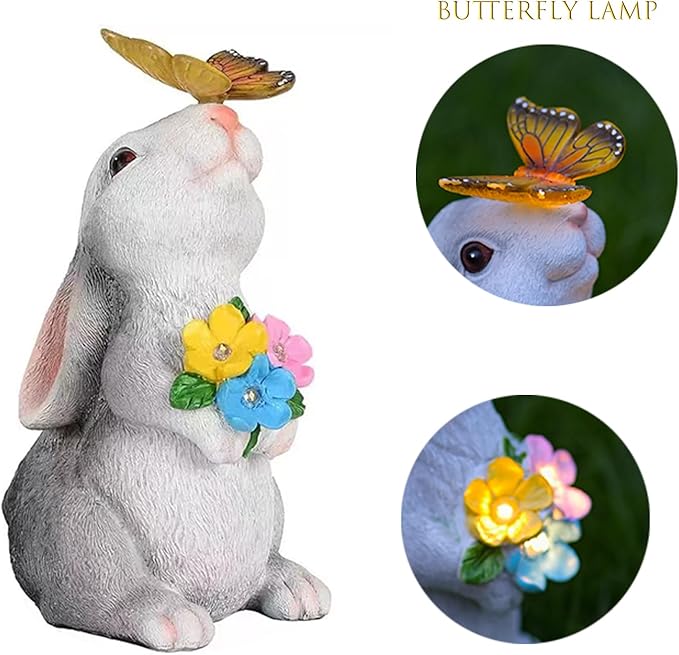 Solar Rabbit Outdoor Statues Garden Decor with Butterfly LED Lights Bunny Statue Easter Decor for Patio Balcony Yard Lawn Ornament, Birthday Mother Day Gardening Gifts for Mom Grandma Women