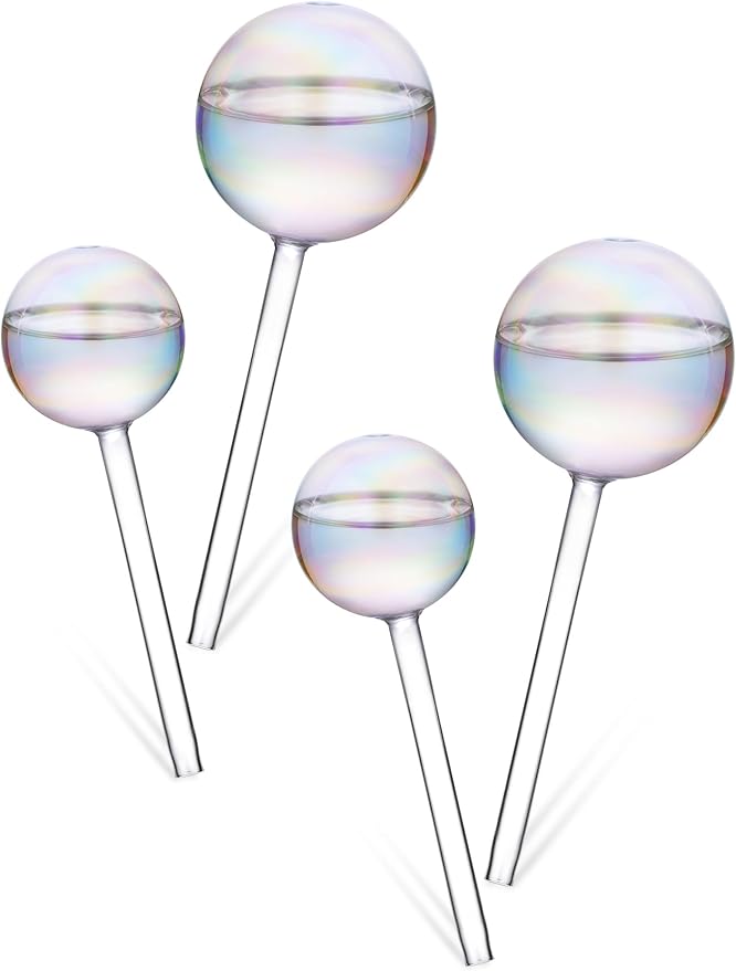Tomorotec Iridescent Glass Self Watering Globes 4-Pack (2 Large+2 Small), Decorative Hand-Blown Rainbow Glass Watering Bulbs, Automatic Irrigation for Indoor & Outdoor Plants, Easy to Use and Maintain