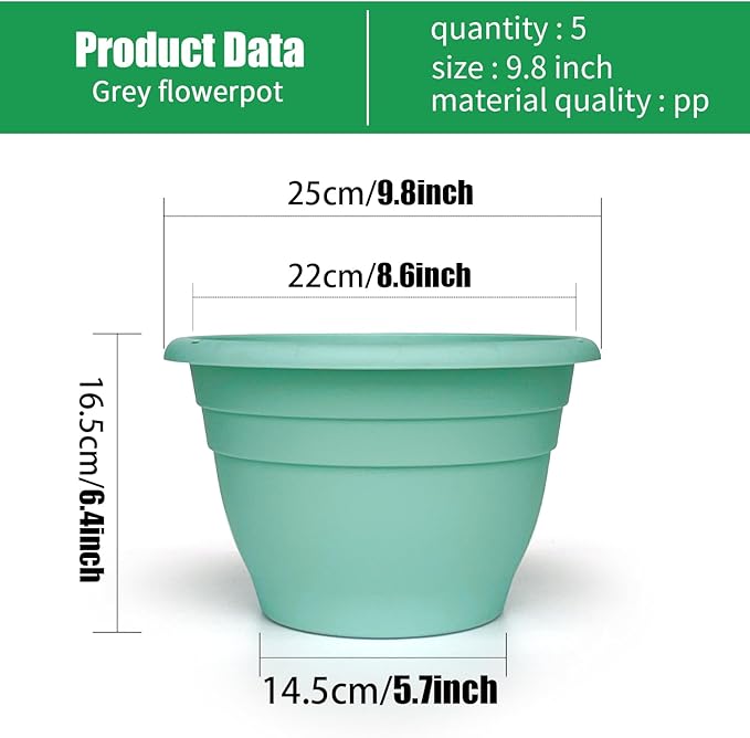 Plant Pots Set of 5, 10 Inch Round Flower Pots, Thickened Plant Planters with Drainage Holes, Garden Pots for Indoor Outdoor (Sky Blue)
