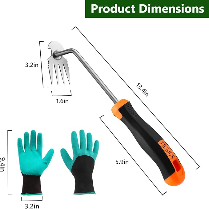 Weed Puller Tool, Weeding Artifact Uprooting Weeding Tool with Rubber Handle, Weeding Tools Gardening of 4 Teeth Manganese Stainless Steel, Weed Remover Tool with Gloves for Yard and Farm (Sliver)