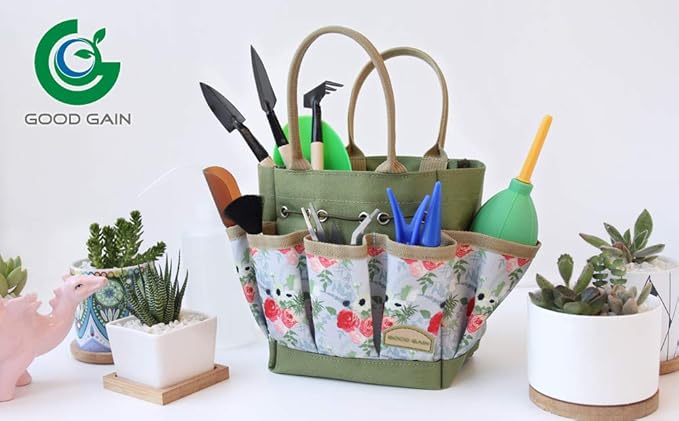 G GOOD GAIN Garden Succulent Kit with Organizer Bag, 14 Pieces Succulent Tools, Indoor Mini Hand Gardening Tools Set with Carrier for Bonsai Planter Miniature Fairy Planting Care(Rose)