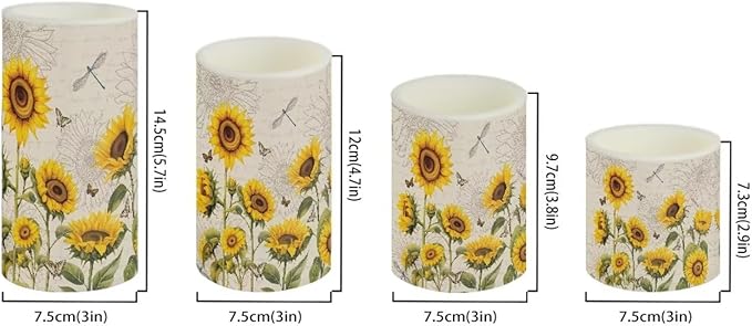 Flameless LED Candles Electric Candle Set with Remote Timer Color Changing Control Long Lasting for Table Centerpiece Home Indoor Decoration Pack of 4, Sunflower Dragonfly Retro