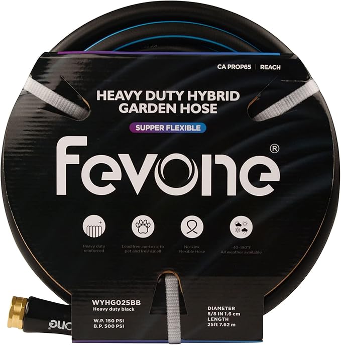 Fevone 25 ft Garden Hose, Heavy Duty Water Hose, Hybrid Polymer, Kink Resistance, Flexible, Durable, Solid Brass Fittings, 3/4" GHT, 5/8" ID, 600 PSI,