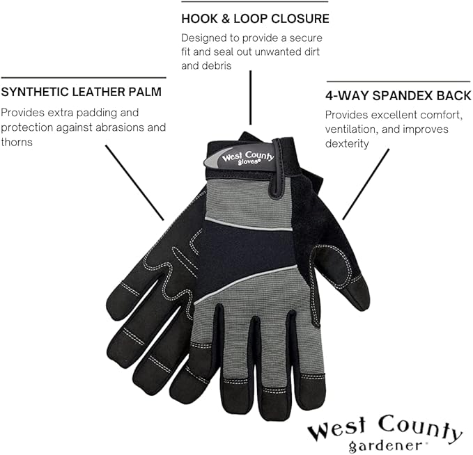West County 013C/M Men's Gloves – Medium, Charcoal, Work Gloves with Four-Way Spandex Backing, Adjustable Cuff