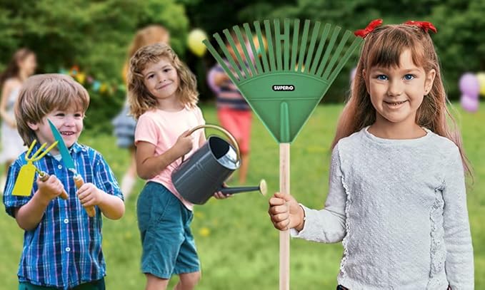 Pack of 3 Kids Rake with Hardwood Handle, Durable Plastic Head to Sweep Leaves in Lawn and Tidying Up The Garden, 34" (Green)