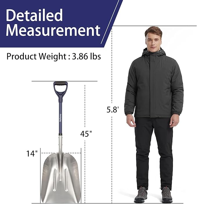 Aluminum Snow Shovel for Driveway, Large Capacity Snow Shovel for Snow Removal, Metal Snow Shovel with Fiberglass D-Handle, 45 Inches