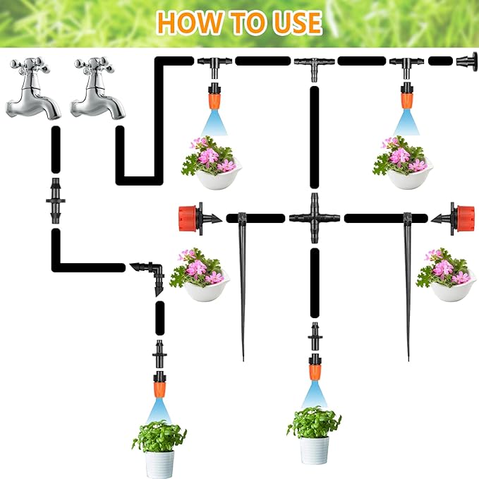 Drip Irrigation Fittings Kit for 1/4" Tubing, 240 Pcs Drip Line Connectors for Drip Systems - Nozzles, Micro Drips, Single barbs, 4 Way Connectors, Tees, Couplings, End Plugs, Elbows, Hose Stakes