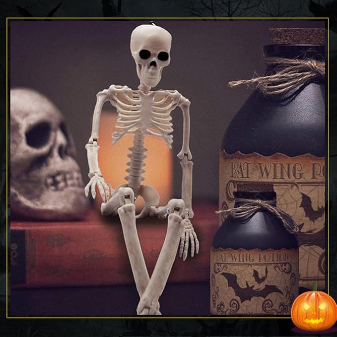DINESIL 5 Packs Posable Halloween Skeleton, Full Body Halloween Skeleton with Movable Joints, 16" Hanging Spooky Skeletons for Halloween Haunted House Party Home Props Decorations
