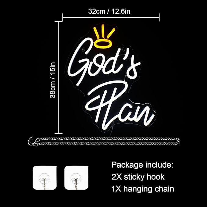 WLHOPE God's Plan Neon Sign White Led Neon Signs for Wall Decor, God Neon Signs USB Powered Letter Neon Light Signs for Bedroom Living Room Home Bar Wedding Party Decoration