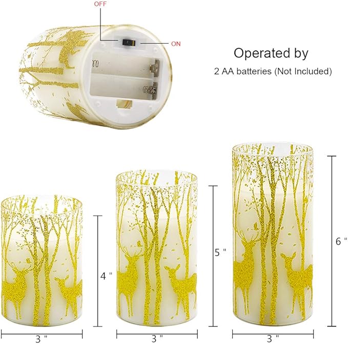 Christmas Deer Flameless Candles with Remote Timer, Glass Battery Operated Pillar Candles with Gold Elk Decor, LED Flickering Candles with 3D Wick and Real Wax for Winter Christmas Home Decor