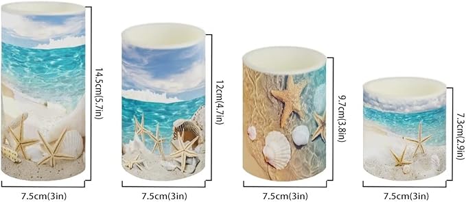 Black Flameless LED Battery Candles 4PCS Pillar Candles with 18-Key Timer Remote Colorful Light for Christmas Party Celebration Decor, Seawater Starfish