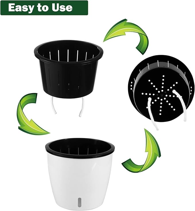 Planterhoma 5/6.7 Inch Self Watering Pots for Indoor Plants, 8 Packs White African Violet Pots with Water Indicator and Black Wick Pots, Self Watering Planters for Devil's Ivy, Indoor Plant Pots