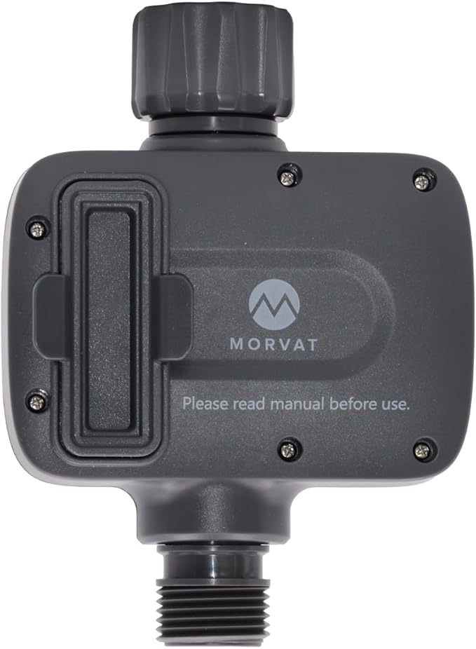 Morvat Sprinkler Timer Outdoor, Garden Hose Faucet Water Timer with Rain Delay, Programmable Automatic/Manual Modes, Watering Irrigation Timer System + Teflon Tape, 2 Spare Washers & 2 Filter Washers