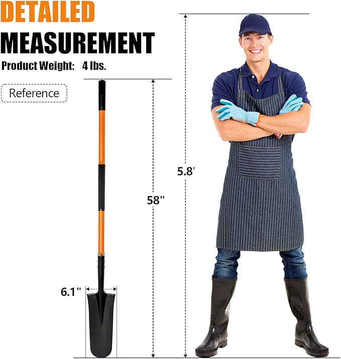 Shovel for Digging, Heavy Duty Shovel with Fiberglass Handle, Metal Shovel for Gardening, 58 Inches