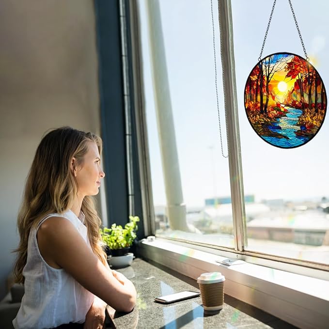 Sunrise Tree and River Landscape Stained Glass Suncatcher for Window Hanging - Sunrise Painting Sun Catcher Window Ornaments with Metal Chain and Hook - Decor Gift for Mom Wife Husband Nature Lovers