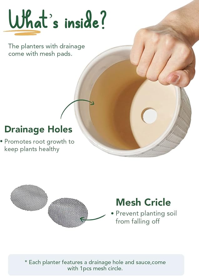 LE TAUCI Ceramic Plant Pots, 5.4 Inch Pots for Indoor Plants, Planters with Drainage Hole and Saucer, Flower Pots for Succulent, Snake Plants and Cactus, Set of 2, Reactive Glaze White