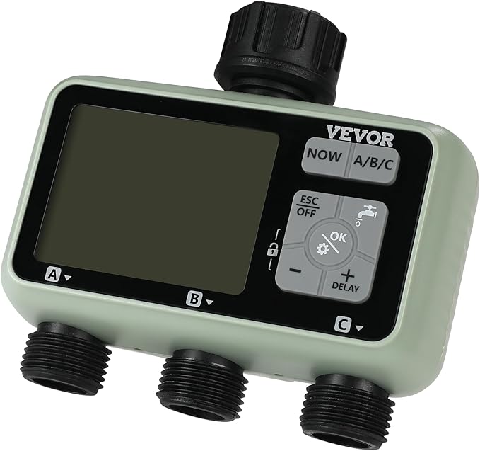 VEVOR Water Timer, 3 Outlets, Hose Watering Sprinkler Timer, with 3 Independent Watering Zone LCD Display Rain Delay Mode Manual Mode 360° Brass Inlet Metal Filter, IPX6 Waterproof for Yard Watering
