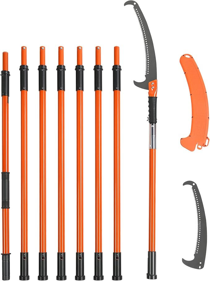 VEVOR Manual Pole Saw, 7.3-27 ft Extendable Tree Pruner, Sharp Steel Blade High Branches Trimming, Manual Branch Trimmer with Lightweight 8 Fiberglass Handles, for Pruning Palms and Shrubs