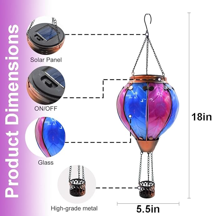 Hot Air Balloon Solar Lantern with Flickering Flame Hanging Solar Lanterns Outdoor Lights Waterproof Lanterns Decorative Garden Patio Yard Party Decor Rose Red&Blue