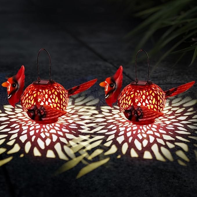 2 Pack Cardinal Solar Lanterns Outdoor Hanging with Handle, Metal Tabletop Solar Lanterns Outdoor Waterproof, LED Light Solar Lantern for Table Pathway Patio Yard Christmas Gifts