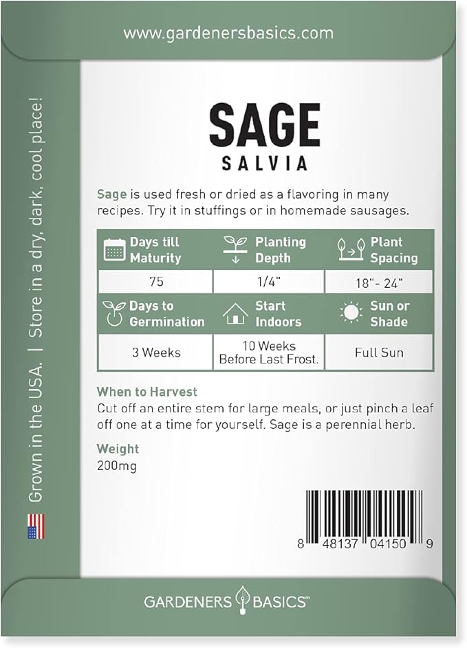 Gardeners Basics, Sage Seeds for Planting Heirloom, Non-GMO Herb Variety- Great for Indoor and Outdoor Gardening