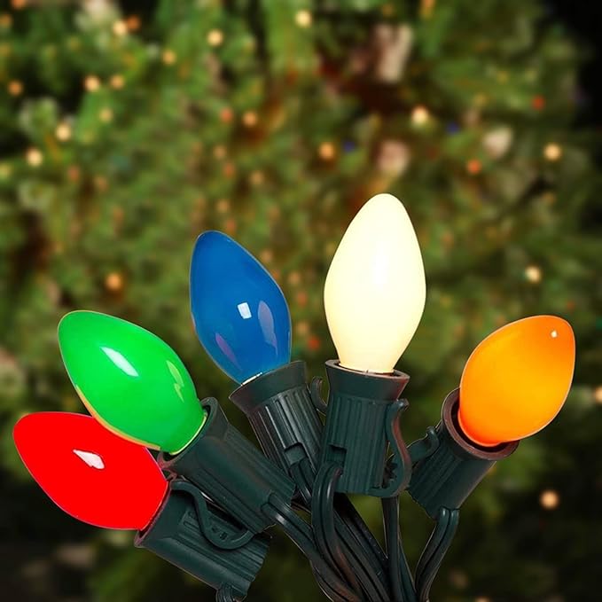 GOOTHY C7 LED Christmas Lights, 25Ft Outdoor Multicolor 27 Bulbs, Waterproof String Lights for Garden Patio Party Decorations- Green Wire