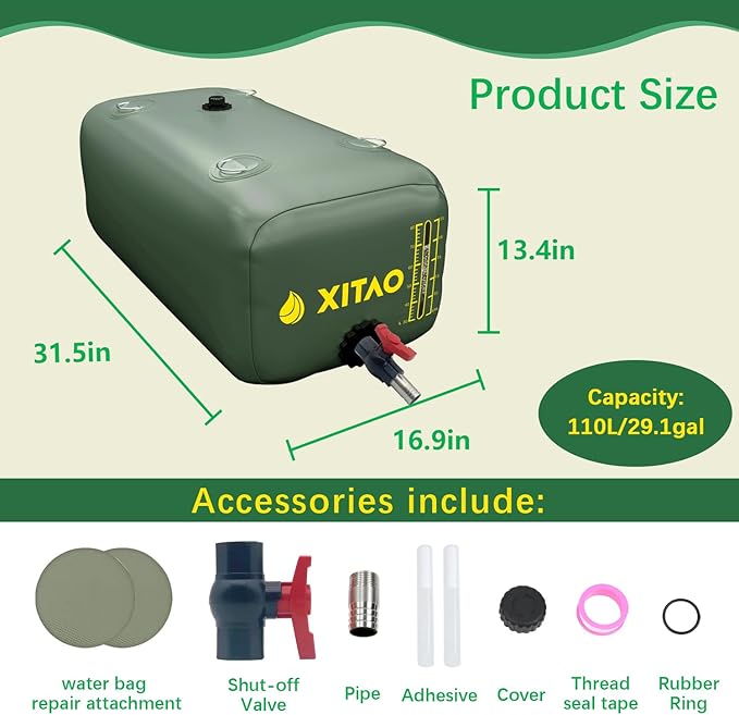 XITAO 29Gal Water Storage Bladder w/Water Level Indicator, Large Capacity Foldable Water Storage Containers, Portable Emergency Water Tank Water Bag for RVs, Fire Prevention, Irrigation