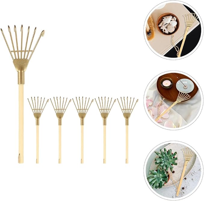 LOGOFUN 6Pcs Mini Zen Garden Rake Miniature Ash Rake Model Small Metal Rake Tiny Rake Planting Tools Decor for Crafts Photo Prop - Gold