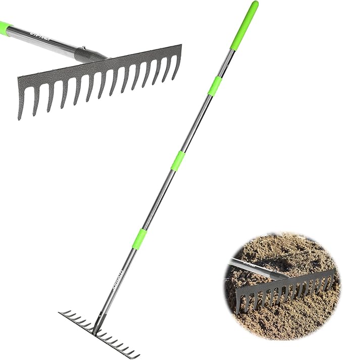 Joyhalo Rake for Leaves, 14 Tines Rakes for Gardening, Adjustable Length from 30.5 to 57 Inch Bow Rake, Metal Rake for Gardening, Rock Rake for Leveling, Loosening Soil