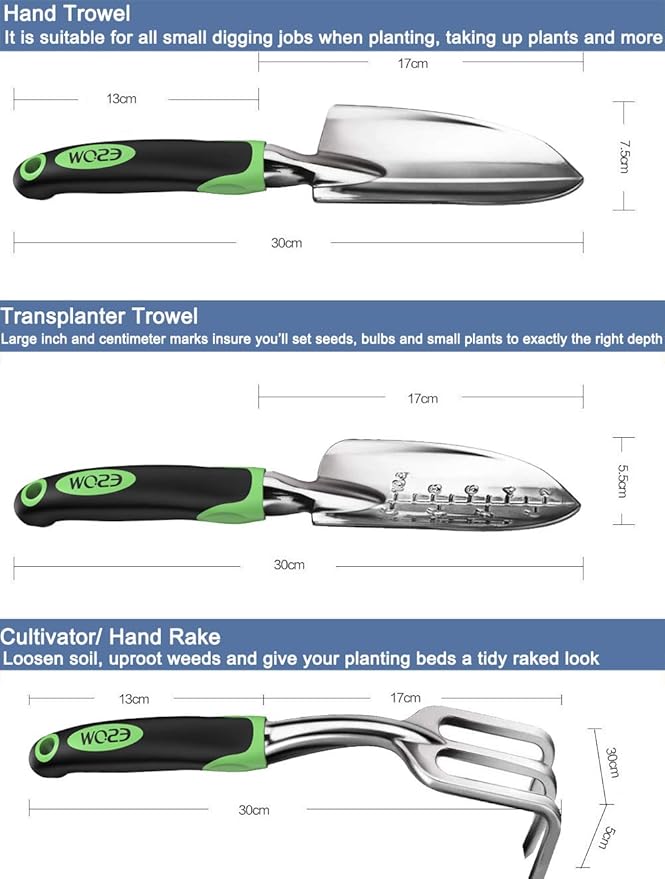 ESOW Garden Tool Set, 3 Piece Cast-Aluminum Heavy Duty Gardening Kit Includes Hand Trowel, Transplant Trowel and Cultivator Hand Rake with Soft Rubberized Non-Slip Ergonomic Handle, Garden Gifts