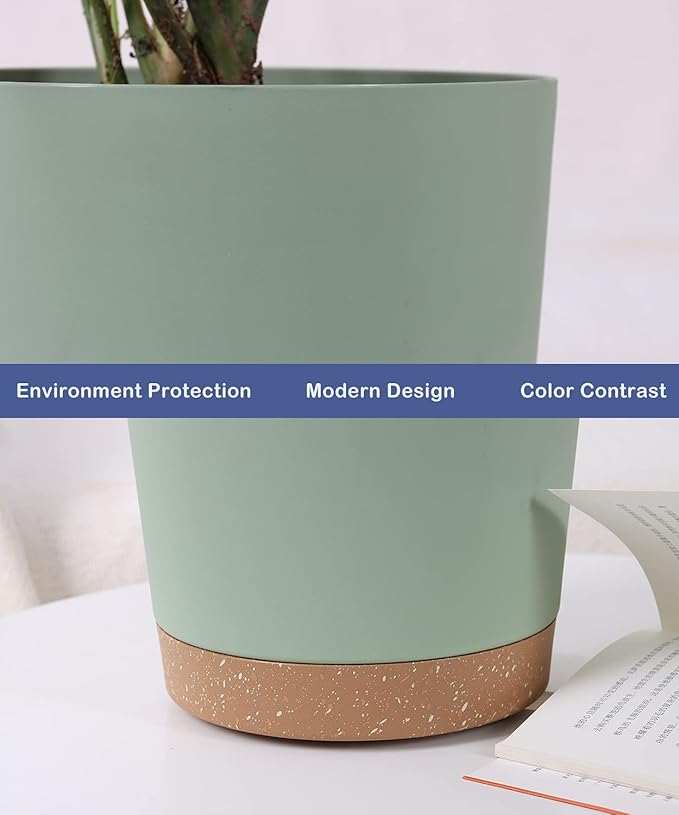 kubvici Indoor Plant Pots Set of 2 Planters 8 inch Plastic Planter with Hole & Saucer Modern Decorative for Outdoor Garden Home (Green, 8 inch)