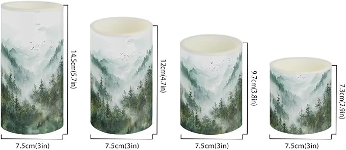 LED Flameless Candles Set Battery Operated Candles Pack of 4 with Remote Control Timer Dancing Flame Pillar Candles for Indoor Home Desktop Decoration, Mountain Tree Green