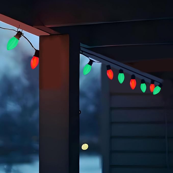 C7 LED Red and Green Christmas Lights, 25Ft Outdoor Christmas String Lights with 27 LED Red and Green Plastic Bulbs, Vintage Christmas Lighst for Outside Patio Backyard Tree Cafe Party House Decor