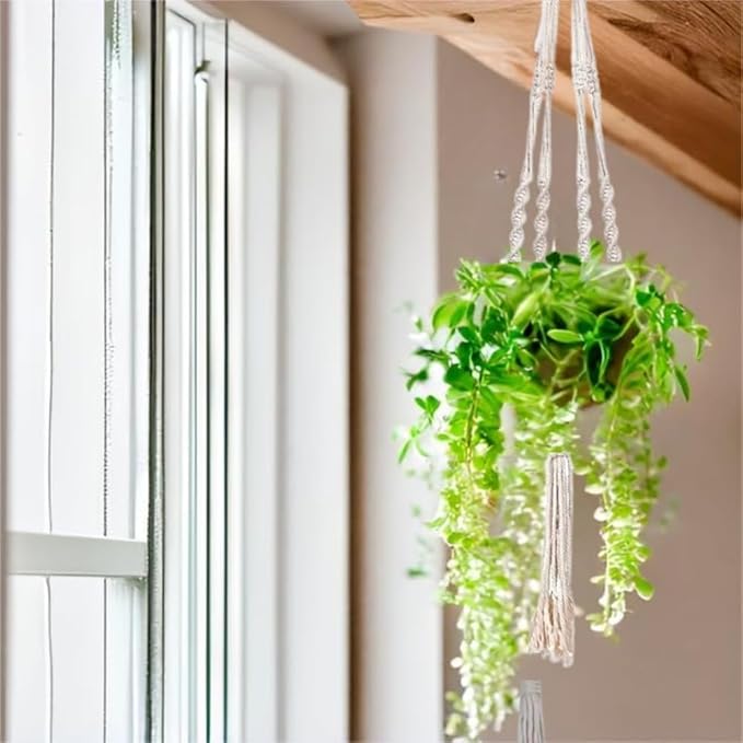 3 Pack Macrame Plant Hanger Indoor Hanging Planter for Plants Holder, Hanging Pot Holder Macrame Decorative Flower Pot Holder with 3 Hooks for Indoor Outdoor Boho Home Décor, Ivory (POTS NOT INCLUDED)