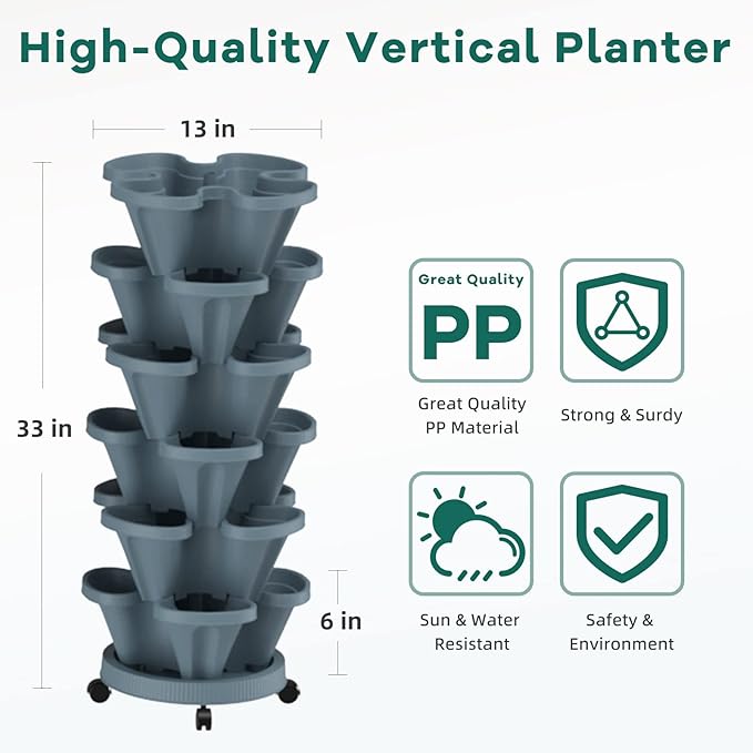 Strawberry Vertical Planters Tower Garden, 6 Tiered Stacking Planter with Support Pole, Stackable Herb Vegetable Planters Indoor and Outdoor - Dark Grey