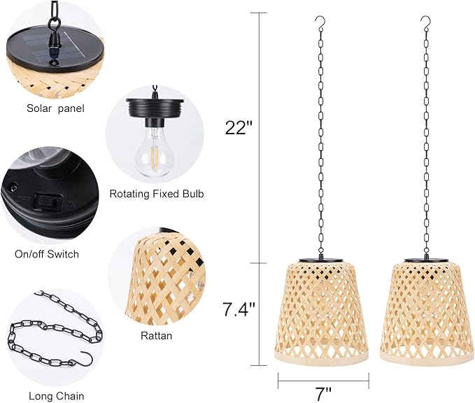 2-Pack Bamboo Woven Outdoor Chandelier Small Hanging Rattan Solar Pendant Lights Modern Retro Boho Pendant for Gazebo Yard Porch Patio Garden Backyard Decor