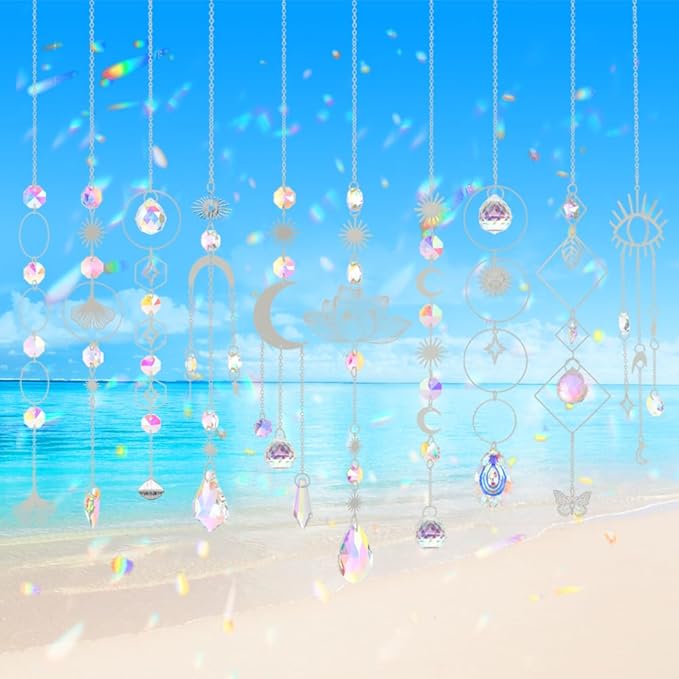 Sun Catchers, 10 Pcs Crystal Suncatcher Prism Hanging Kit with Chain Rainbow Maker Crystals Balls Pendants Ornaments for Indoor Window Outdoor Garden Backyard Patio Car Mirror Christmas Tree Decor