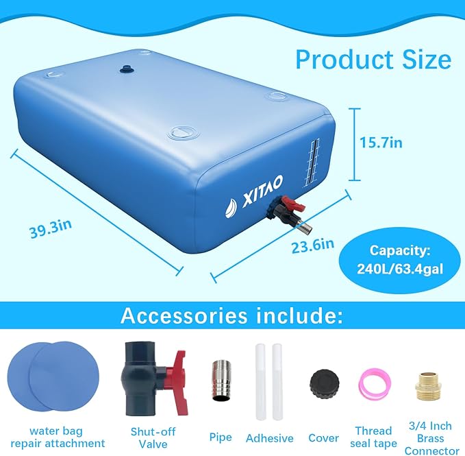 XITAO 63Gal Large Capacity Water Storage Bladder Containers w/Water Level Indicator Portable Foldable Emergency Water Tank Bag for RVs, Drought Resistance, Fire Prevention, Agricultural Irrigation
