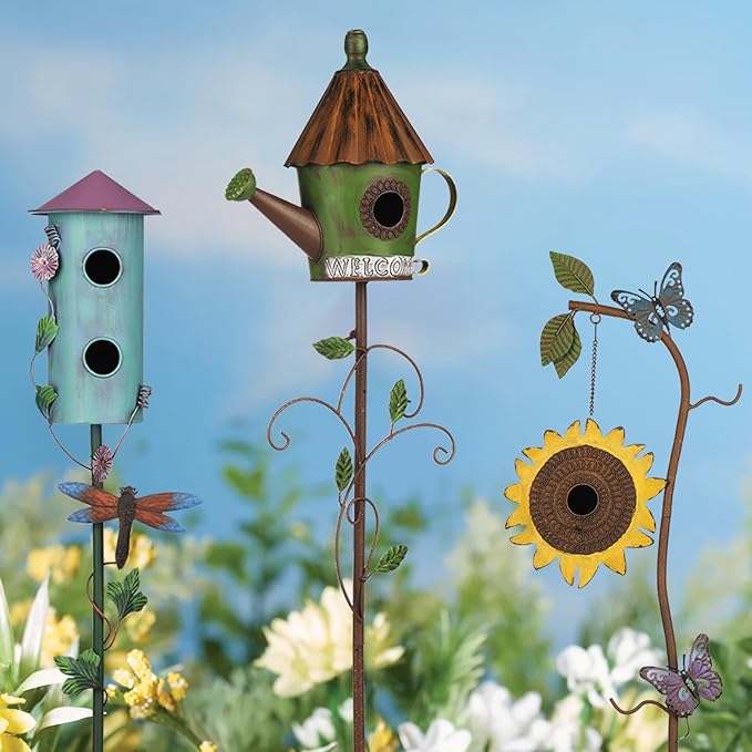 BAYN 57” Bird Houses Stake for Outside, Metal Wild Bird Feeder Birdhouse Stake Pole with Sunflower Design Outdoor Decorations for Patio, Backyard, Garden