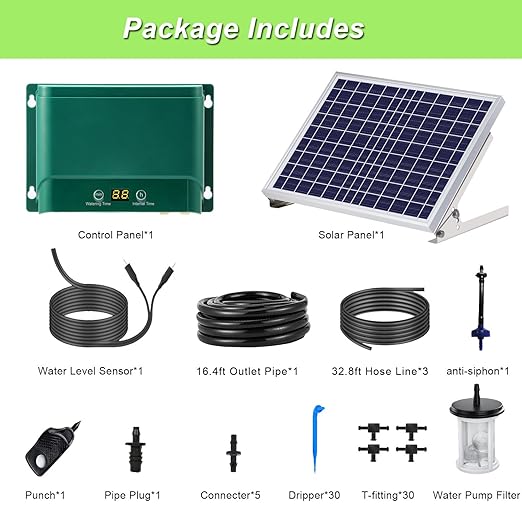 Lewisia 10W Solar Automatic Drip Irrigation Kit Auto Watering System Solar Powered Auto-Irrigation Set for Garden Raised Beds Patio Lawn Greenhouse Potted Plants Up to 50 Plants