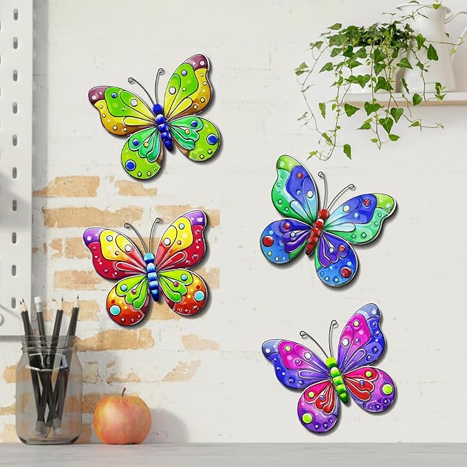 ULENDIS 4 Pack Metal Butterfly Wall Decor, Outdoor Fence Wall Art Decor, Hanging Decoration for Garden Backyard Living Room Balcony Patio Indoor(B)