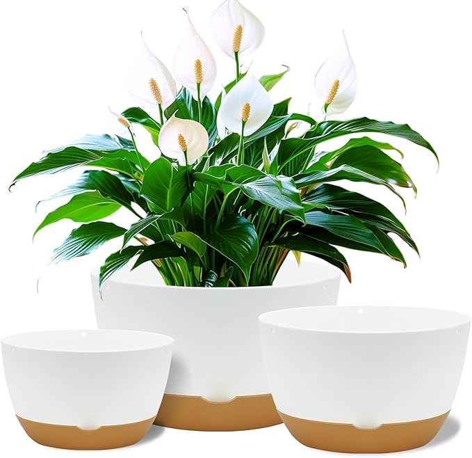 12 Inch Pots for Indoor Plants, Large Self Watering Planters with Drainage and Saucers, Plastic Outdoor Flower Pot, Set of 2, White