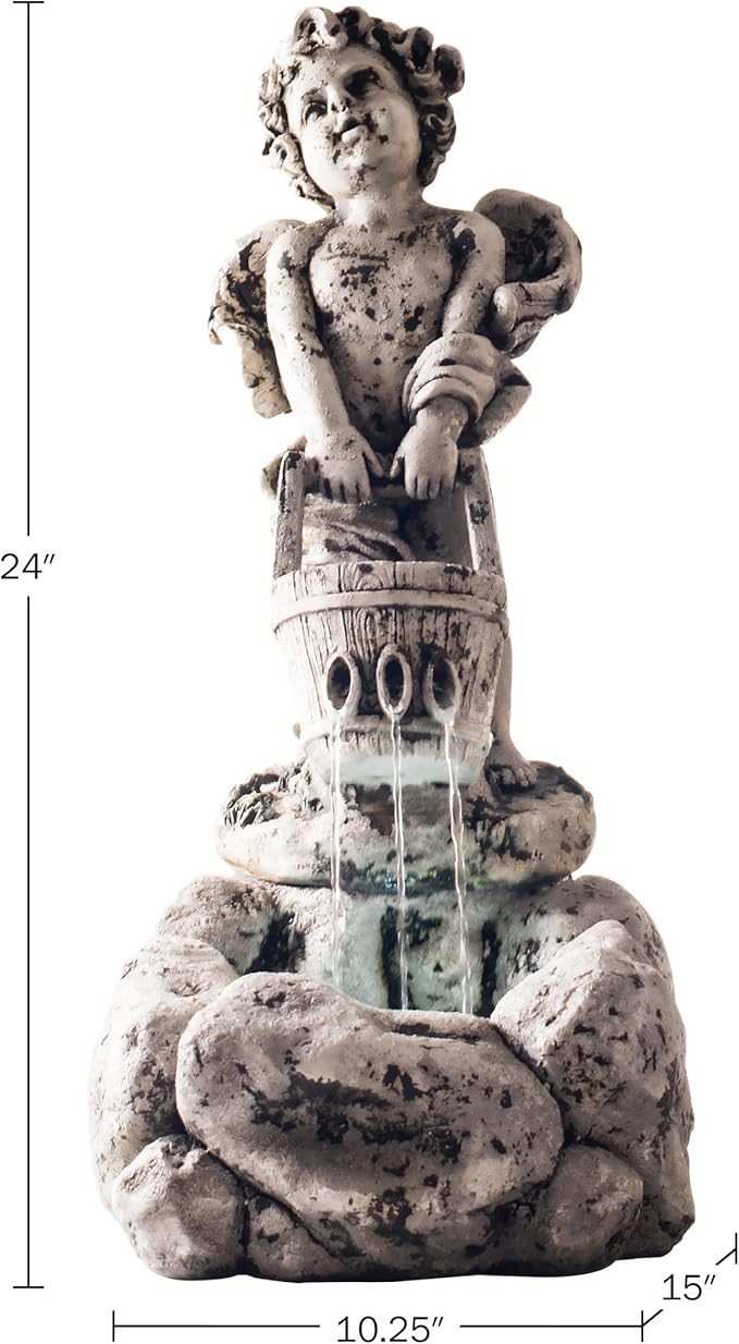 Outdoor Water Fountain With LED Lights, Lighted Cherub Angel Fountain With Antique Stone Design for Decor on Patio, Lawn and Garden By Pure Garden 10.25x15