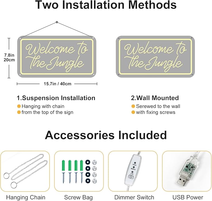 Welcome to the Jungle Neon Sign, Neon Light Sign for Wall Decor Dimmable Warm White LED signs for Bedroom Home Birthday Party Wedding Engagement Garden Man Cave Decor USB Powered