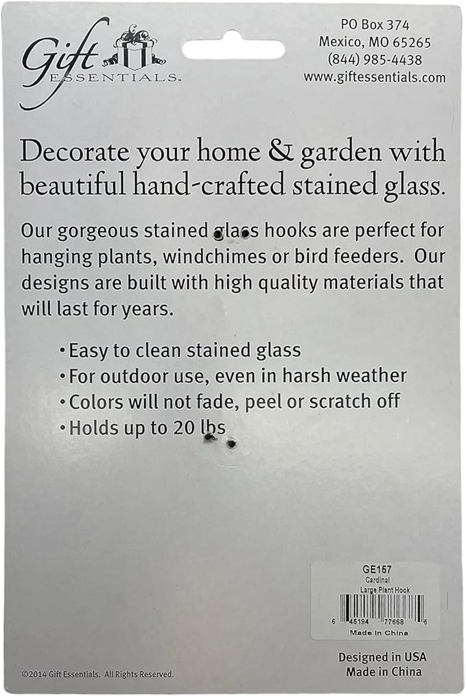 Stained Glass Hanging Plant Hook - Red Cardinal Sun Catcher with Copper S Hooks Top and Bottom for Indoor and Outdoor Use