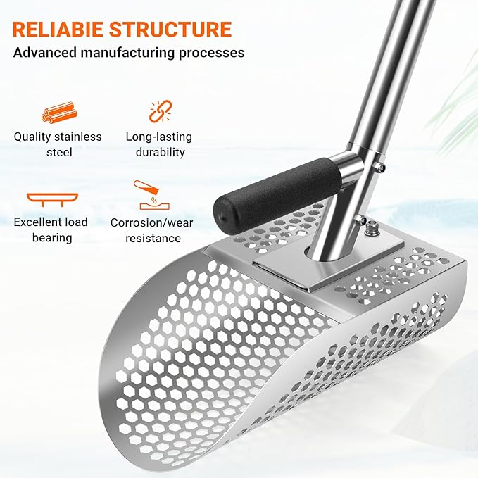 Long Handle Sand Scoop with Shovel for Metal Detecting, Metal Detector at Beach,Heavy Duty Stainless Steel Metal Detecting Tool,Treasure Finds Scoop, Digging Shovel Fast Sifting Shovel