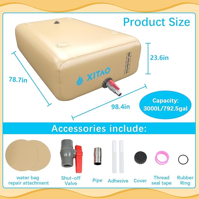 XITAO 792Gal/3000L Water Storage Bladder w/Water Level Indicator, Large Capacity Foldable Water Storage Containers, Portable Emergency Water Tank Water Bag for RVs, Fire Prevention, Irrigation