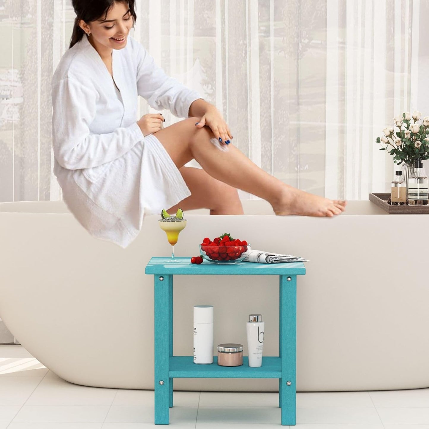 Outdoor Side Table, Adirondack HDPE Small Outdoor Table, 2-Tier Small Patio Side Tables for Outside Indoor Yard Poolside Porch, Light Blue