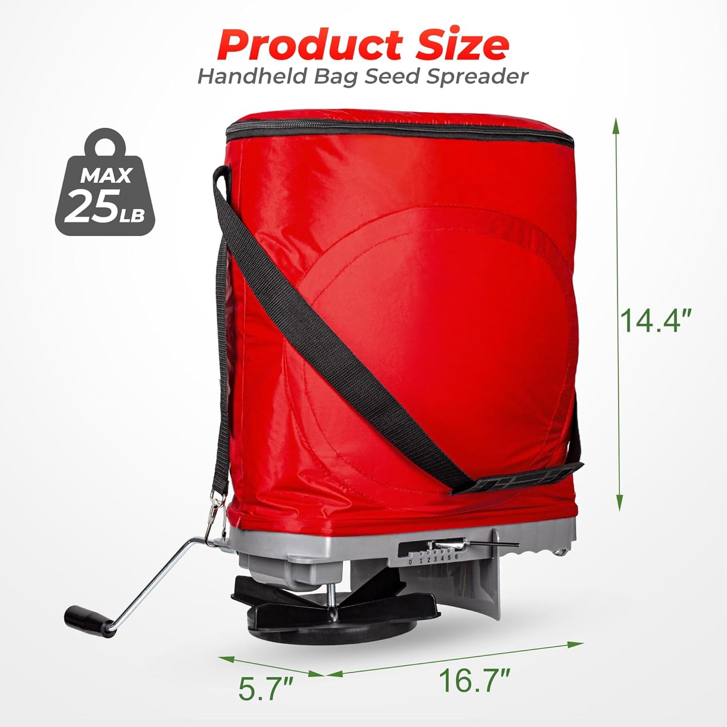 Walensee Handheld Seed Spreader with 25lb Bag, Frame Support, Flow Control, Enclosed Gears, Rear Baffle, Adjustable Strap & Goggles – Bag Seeder for Lawn and Garden, Red