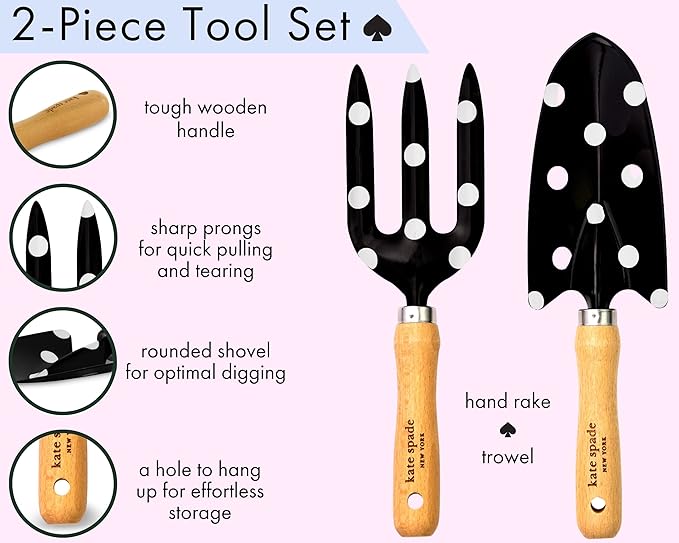 Kate Spade New York 2 Piece Gardening Hand Tools, Cute Garden Tool Set Includes Hand Rake and Trowel, Picture Dot